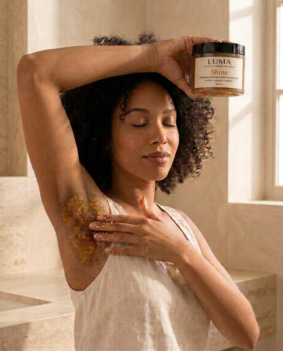 Application du gommage LUMA Shine sur une aisselle